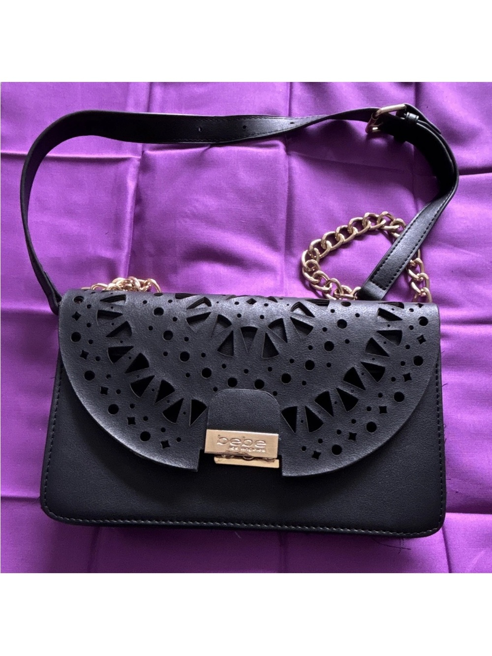 bebe Black Faux Leather Laser-Cut Flap Crossbody with Gold Chain